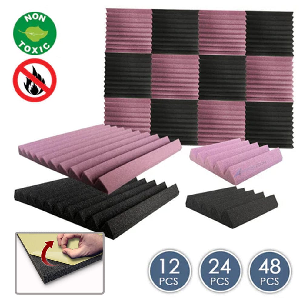 Arrowzoom Wedge Tiles Series Acoustic Foam - Black x Burgundy Bundle - KK1134 Purple / Black / 12 Pieces - 25 x 25 x 5 cm / 10 x 10 x 2in / Yes - With Adhesive