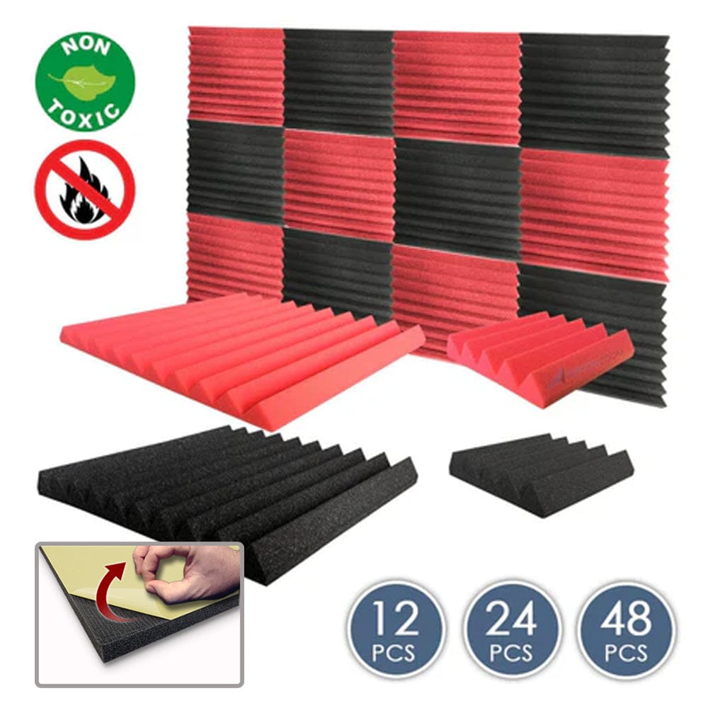 Arrowzoom Wedge Tiles Series Acoustic Foam - Black x Red Bundle - KK1134 Red / Black / 12 Pieces - 25 x 25 x 5 cm / 10 x 10 x 2in / Yes - With Adhesive