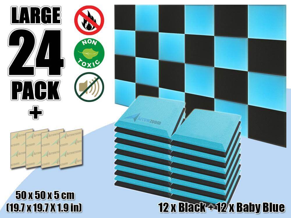 Arrowzoom Flat Bevel Tile Series Acoustic Panel - Baby Blue x Black Bundle - KK1039 24 Piece -50 x 50 x 5 cm / 20 x 20 x 2 in