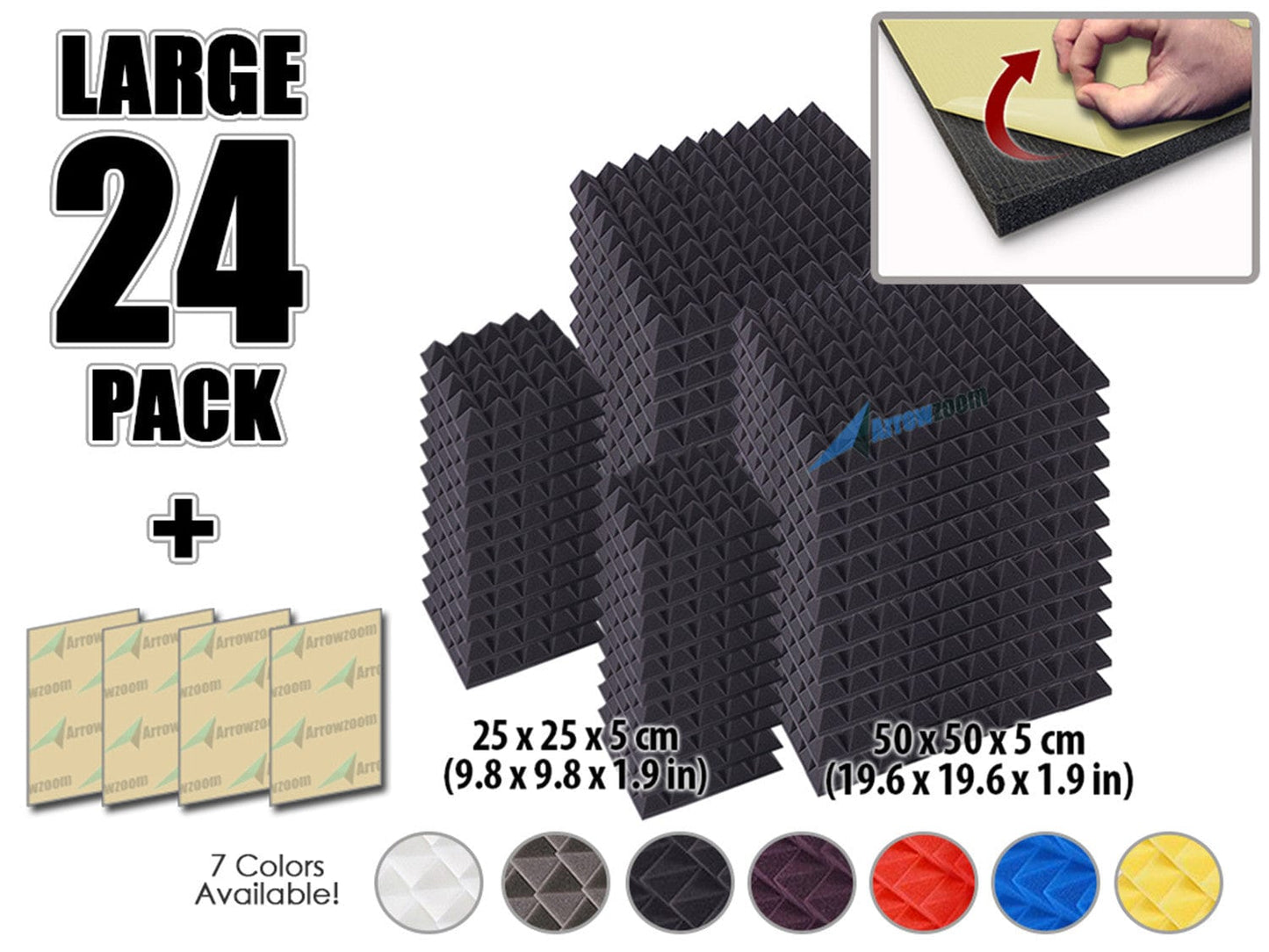 New 24 pcs Bundle Pyramid Adhesive Backed Tiles Acoustic Panels Sound Absorption Studio Soundproof Foam 7 Colors KK1053 Arrowzoom.