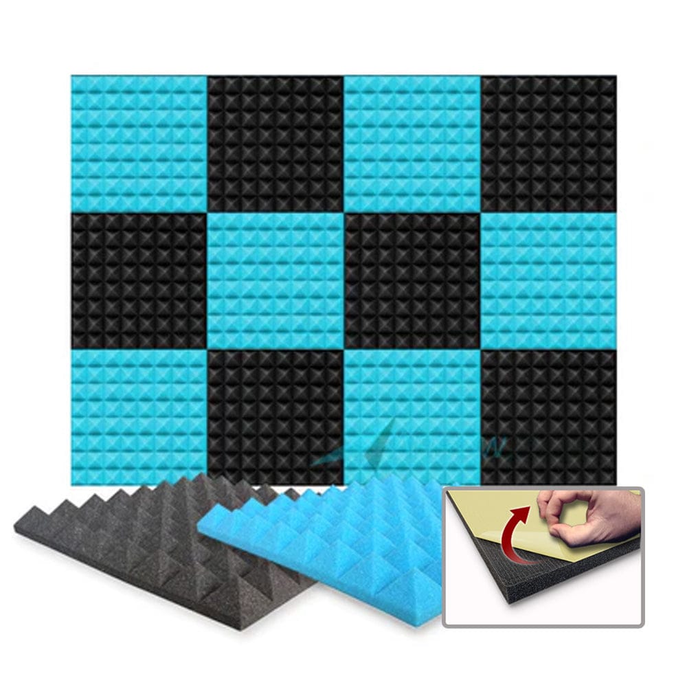 Arrowzoom Pyramid Series Acoustic Foam - Baby Blue x Black Bundle - KK1034 Baby Blue / Black / 12 Pieces - 25 x 25 x 5 cm/ 10 x 10 x 2in / Yes - With Adhesive