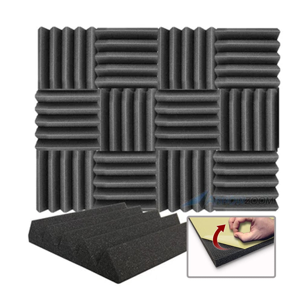 Arrowzoom Acoustic Wedge Tiles Foam - Solid Colors - KK1134 Black / 24 Pieces - 25 X 25 X 5 cm / 10 x 10 x 2in / YES Adhesive