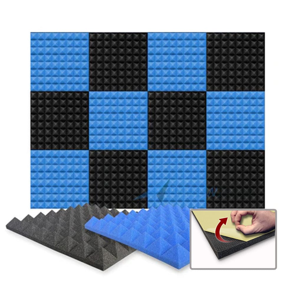 Arrowzoom Pyramid Series Acoustic Foam - Black x Blue Bundle - KK1034 Blue / Black / 12 Pieces - 25 x 25 x 5 cm/ 10 x 10 x 2in / Yes - With Adhesive