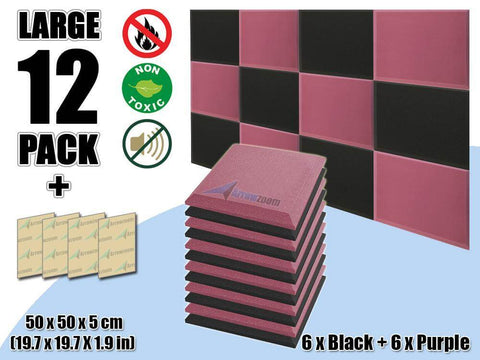 Arrowzoom Flat Bevel Tile Series Acoustic Panel - Black x Burgundy Bundle - KK1039 12 Piece -50 x 50 x 5 cm / 20 x 20 x 2 in