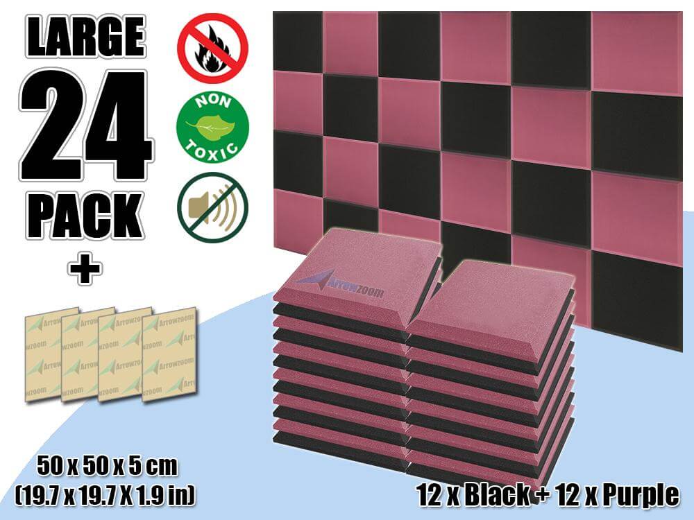 Arrowzoom Flat Bevel Tile Series Acoustic Panel - Black x Burgundy Bundle - KK1039 24 Piece -50 x 50 x 5 cm / 20 x 20 x 2 in