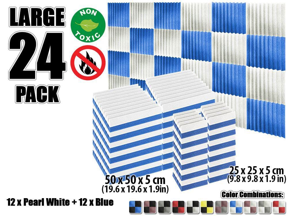 New 24 pcs Color Combination Wedge Tiles Acoustic Panels Sound Absorption Studio Soundproof Foam KK1134 25 x 25 x 5 cm (9.8 x 9.8 x 1.9 in) / Blue & White
