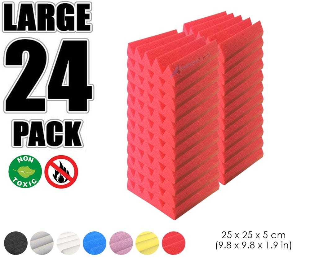 New 24 pcs Wedge Tiles Acoustic Panels Sound Absorption Studio Soundproof Foam 7 Colors KK1134 25 x 25 x 5 cm (9.8 x 9.8 x 1.9 in) / Red