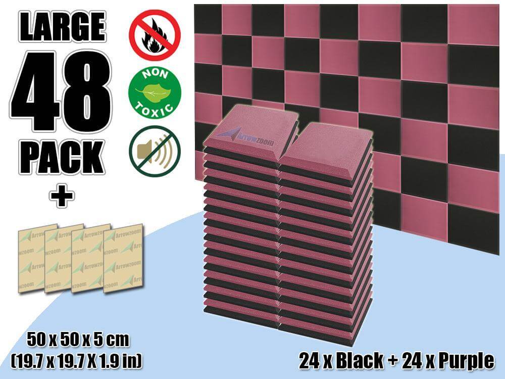 Arrowzoom Flat Bevel Tile Series Acoustic Panel - Black x Burgundy Bundle - KK1039 48 Piece -50 x 50 x 5 cm / 20 x 20 x 2 in