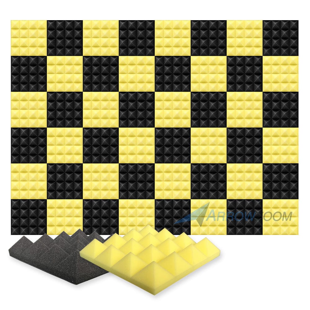 Arrowzoom Pyramid Series Acoustic Foam - Black x Yellow Bundle - KK1034 48 Pieces - 25 X 25 X 5 cm/ 10 x 10 x 2in