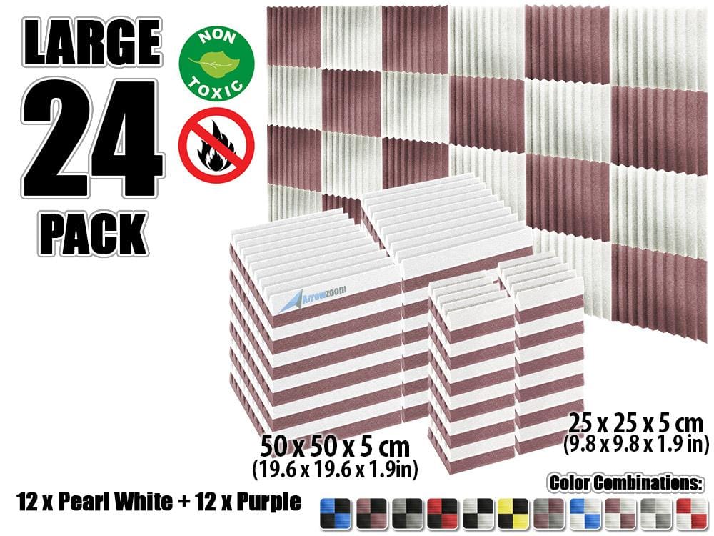 New 24 pcs Color Combination Wedge Tiles Acoustic Panels Sound Absorption Studio Soundproof Foam KK1134 50 x 50 x 5 cm (19.6 x 19.6 x 1.9 in) / Purple & White