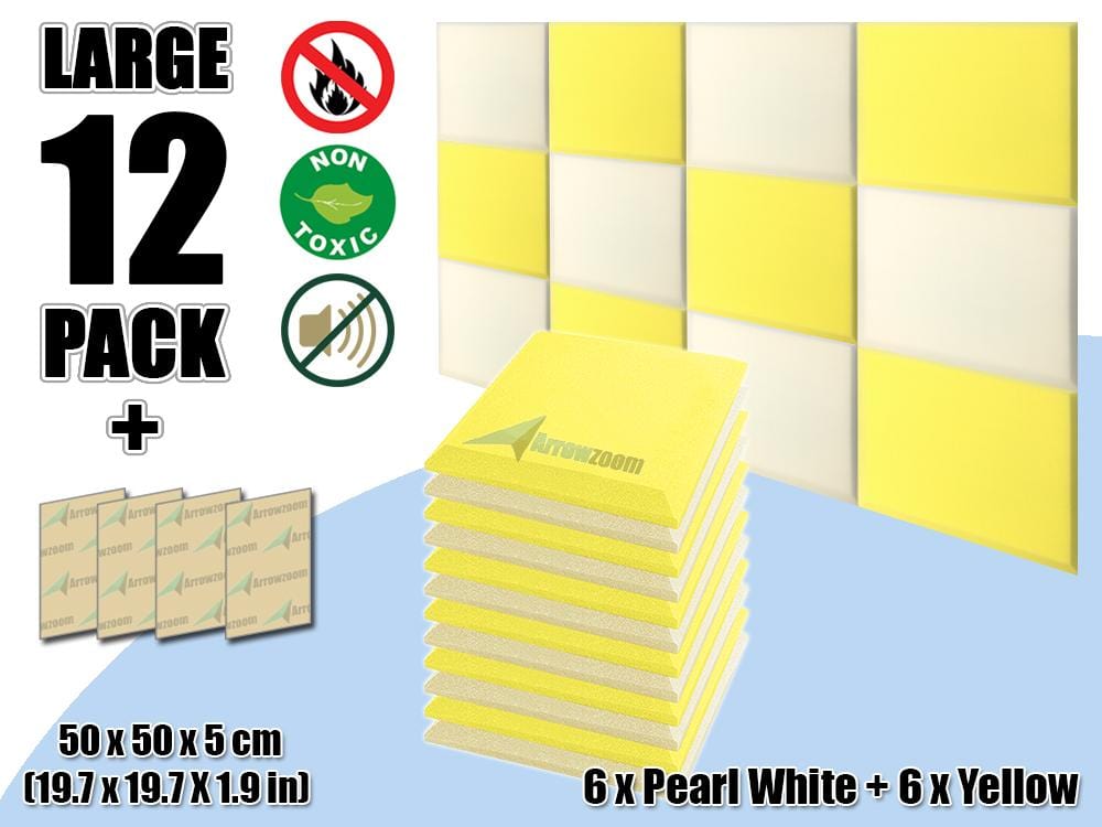 New 12 pcs Pearl White & Yellow Bundle Flat Bevel Tile Acoustic Panels Sound Absorption Studio Soundproof Foam KK1039