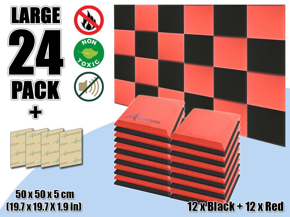 New 24 pcs Black & Red Bundle Flat Bevel Tile Acoustic Panels Sound Absorption Studio Soundproof Foam KK1039
