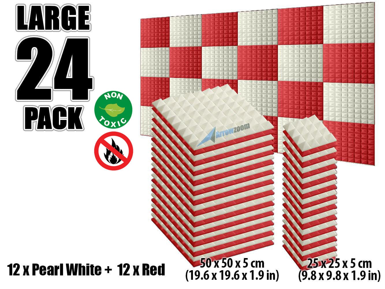 New 24 pcs Pearl White and Red Bundle Pyramid Tiles Acoustic Panels Sound Absorption Studio Soundproof Foam KK1034