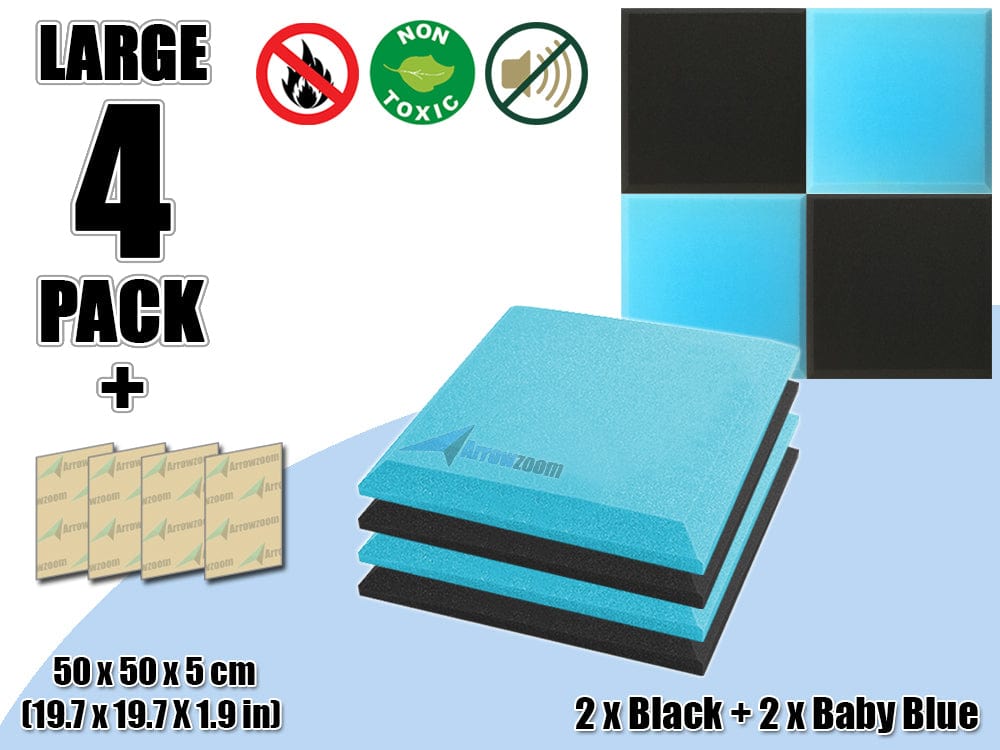 New 4 pcs Black & Baby Blue Bundle Flat Bevel Tile Acoustic Panels Sound Absorption Studio Soundproof Foam KK1039