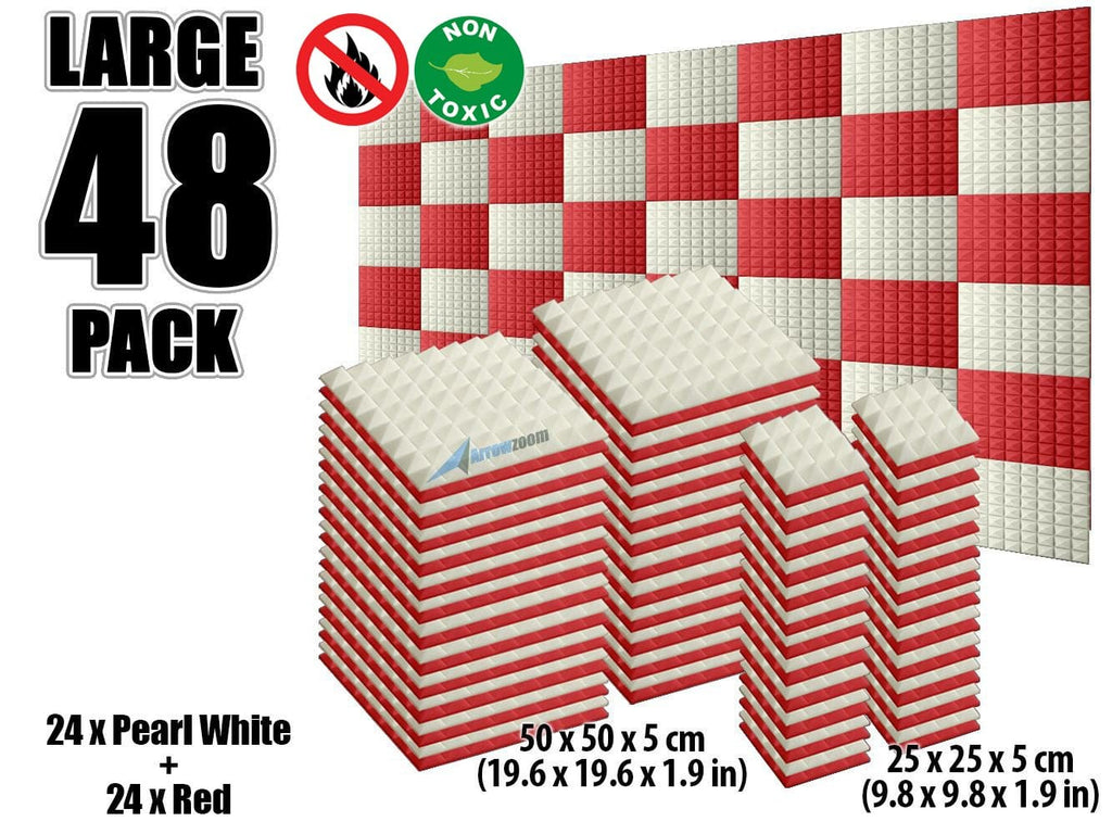 New 48 pcs Pearl White and Red Bundle Pyramid Tiles Acoustic Panels Sound Absorption Studio Soundproof Foam KK1034