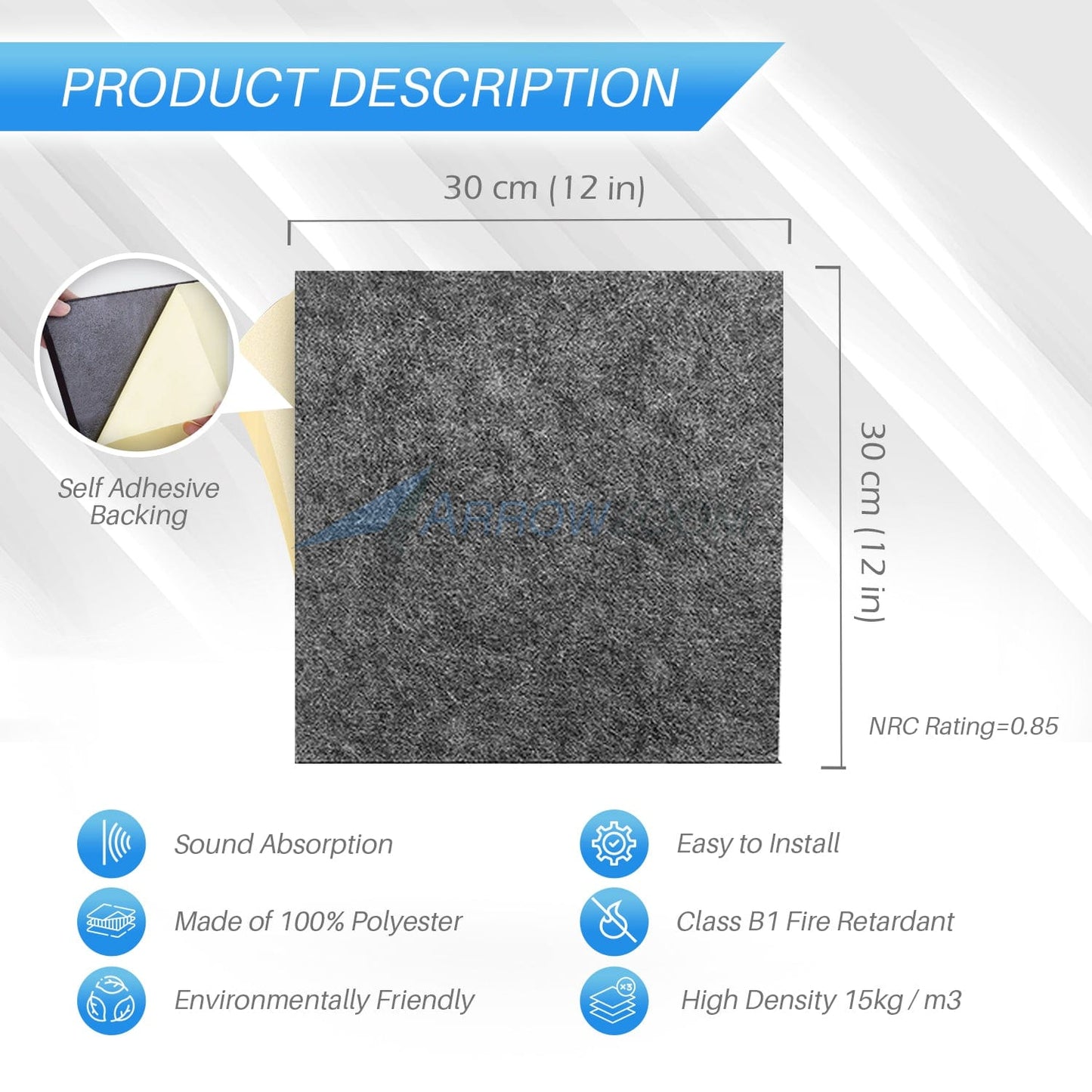 Arrowzoom Self Adhesive Sound Deadening Polyester Fabric Panel - Solid Colors - KK1261