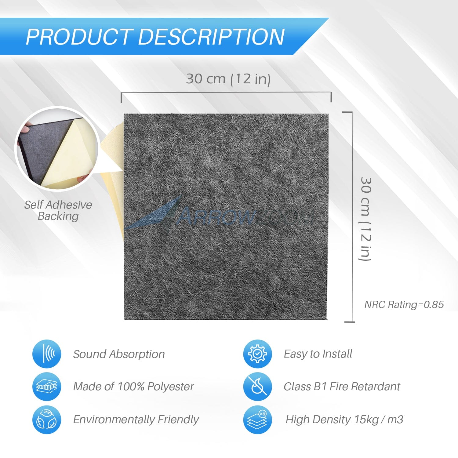 Arrowzoom Self Adhesive Sound Deadening Polyester Fabric Panel - Solid Colors - KK1261