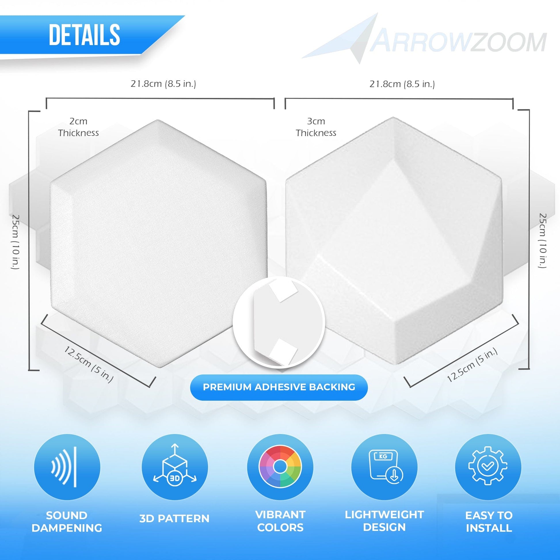 Arrowzoom 6 Pcs 3D Hexagon Adhesive Sound Absorbing Panels - KK1330