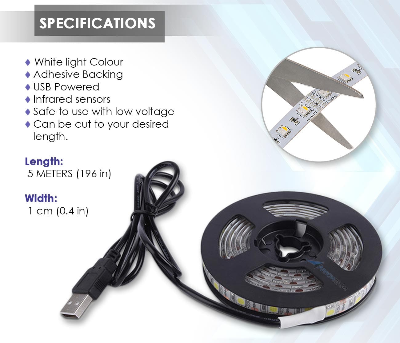 Arrowzoom 5 Meters LED Light Strip Adhesive Backed Flexible Lamp Tape Sensor Switch USB Powered KK1185